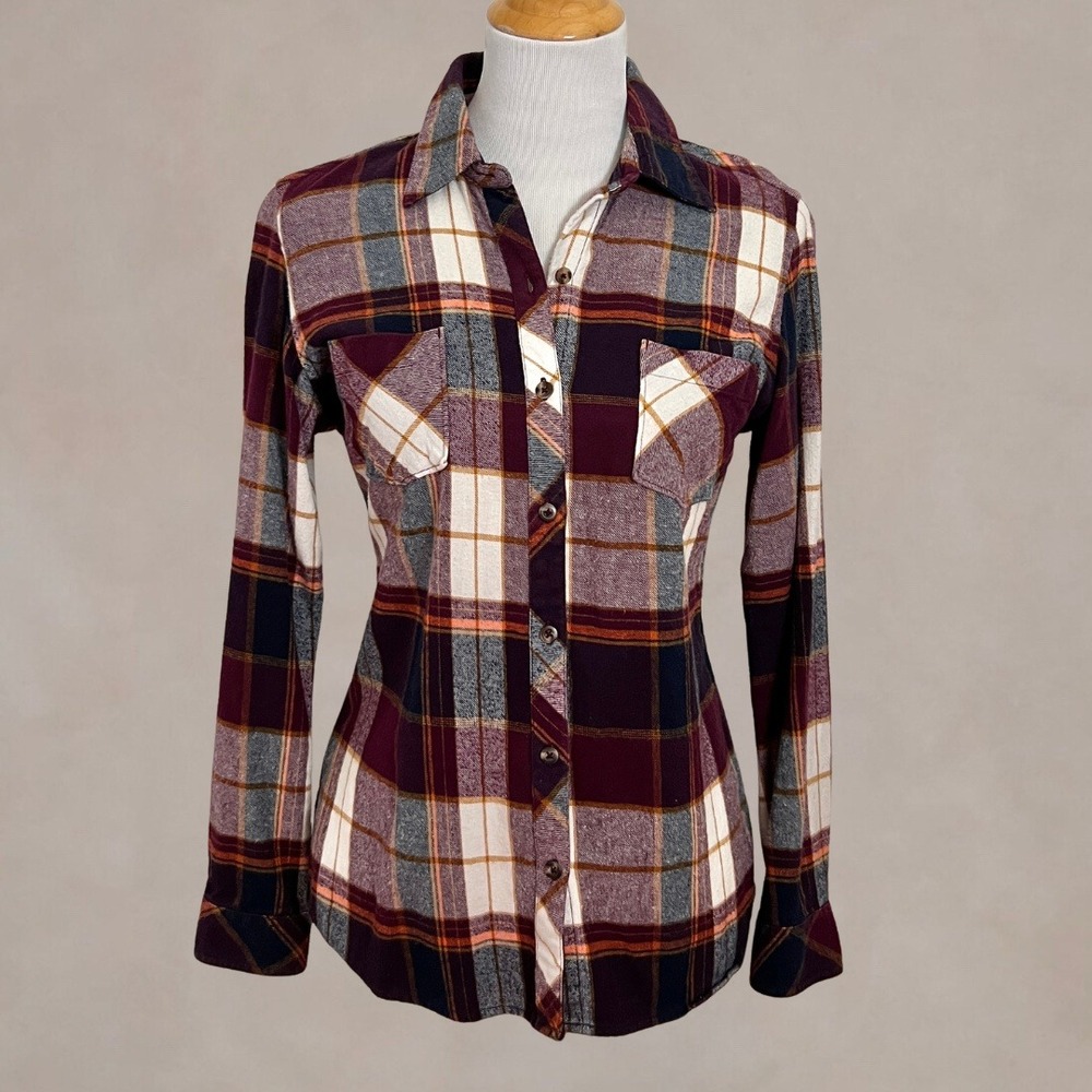 Natural Reflections Women's M 100% Cotton Burgundy Plaid Flannel Button Down
